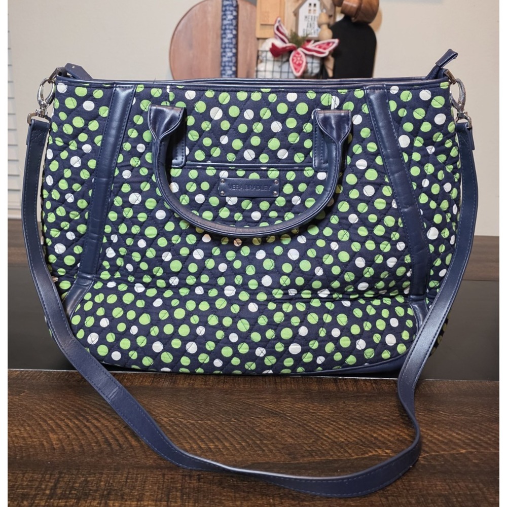 Vera Bradley Lucky Dots Trapeze Tote‎ Navy Blue Green White Large Shoulder Bag